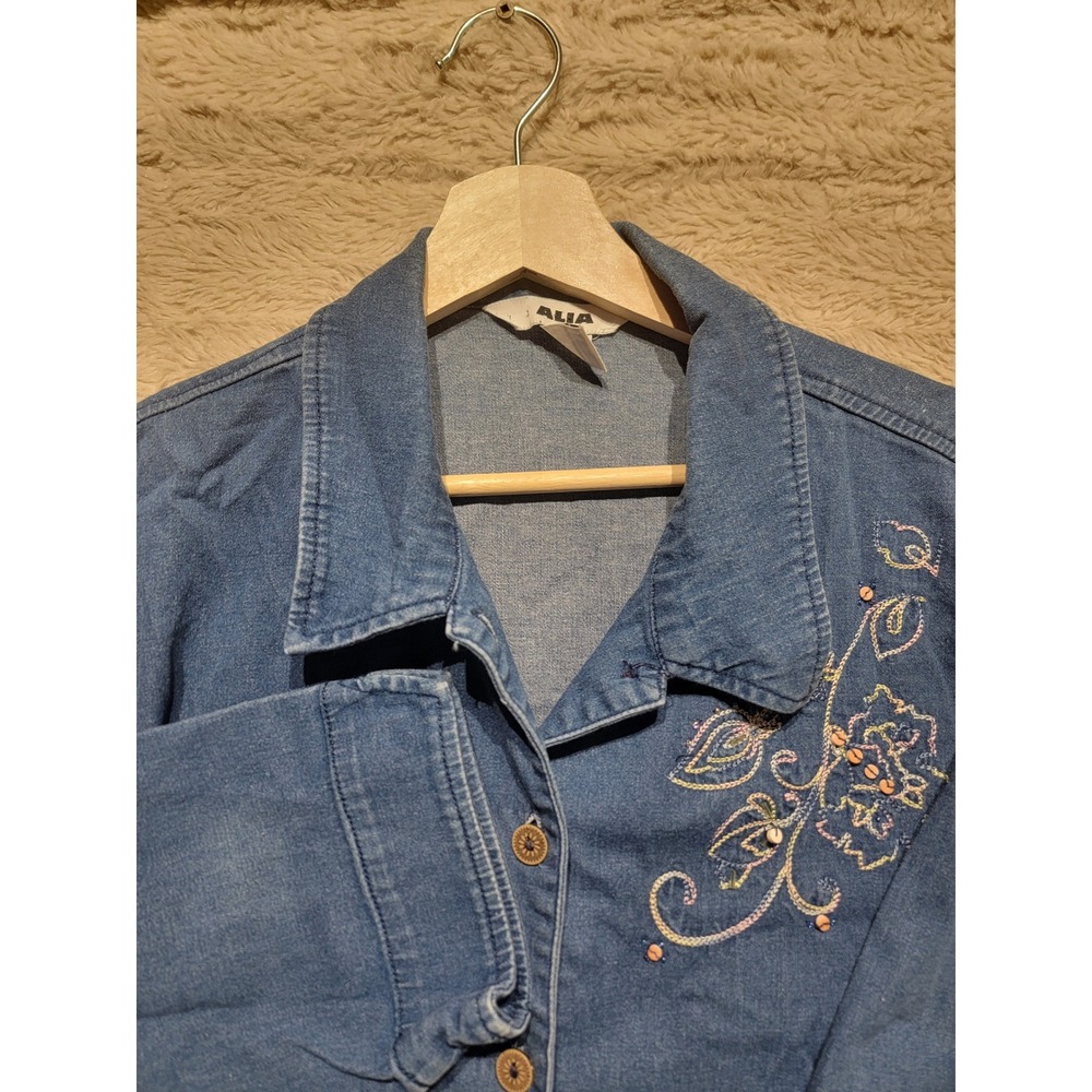 Alia Womens Blue Denim Embroidered Button Down Shirt Jacket Floral Size 18